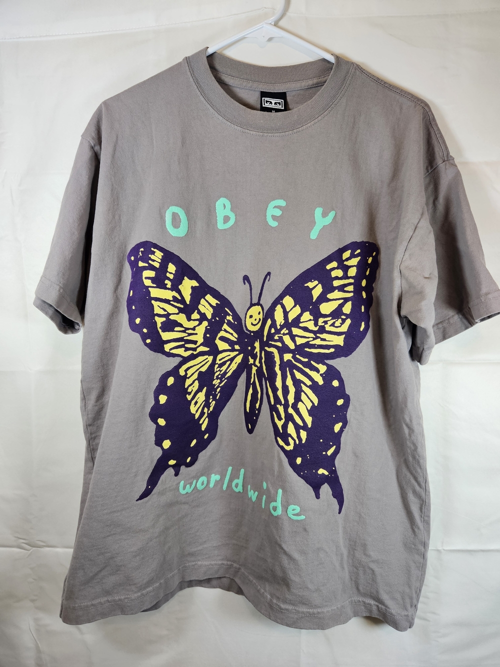 Obey Gray Tee with Purple & Yellow Butterfly Graphic